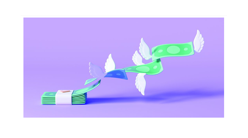 A green stack of money sits on a purple background and three single bills with wings fly away
