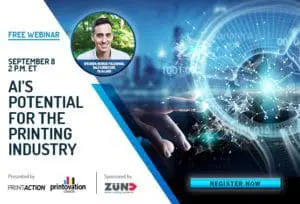 Graphic advertisement for PrintAction workflow webinar with technology imagery