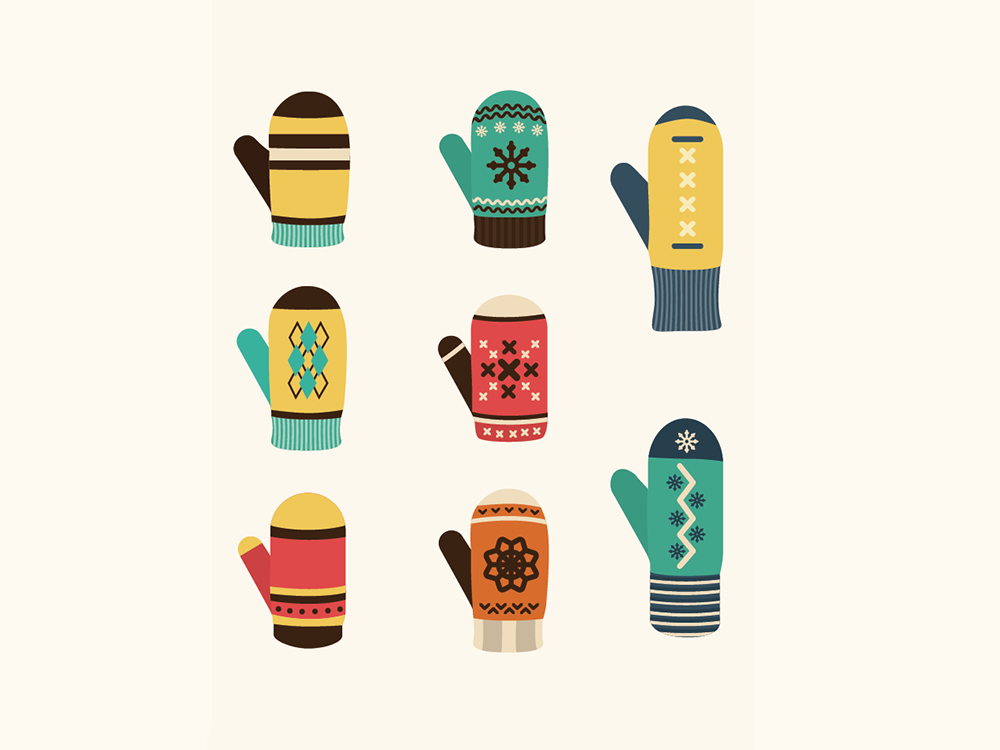 An illustrated assortment of winter mittens, symbolizing team work and community.