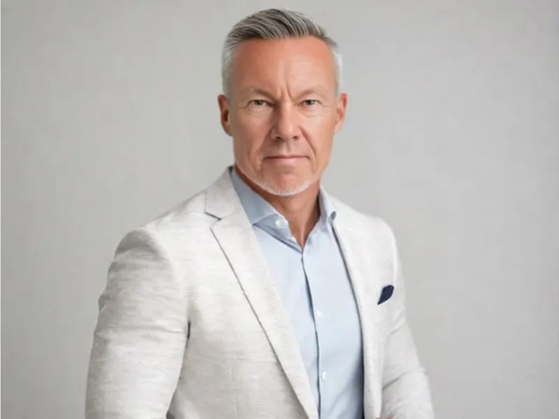 A man with grey hair wearing a white blazer and blue button up shirt.