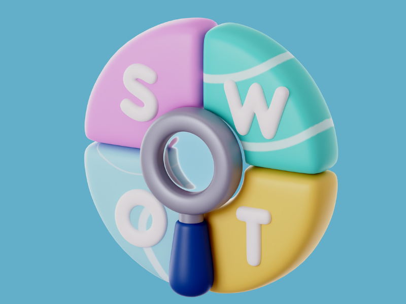 3D illustration of a SWOT analysis chart with a magnifying glass highlighting the segments.