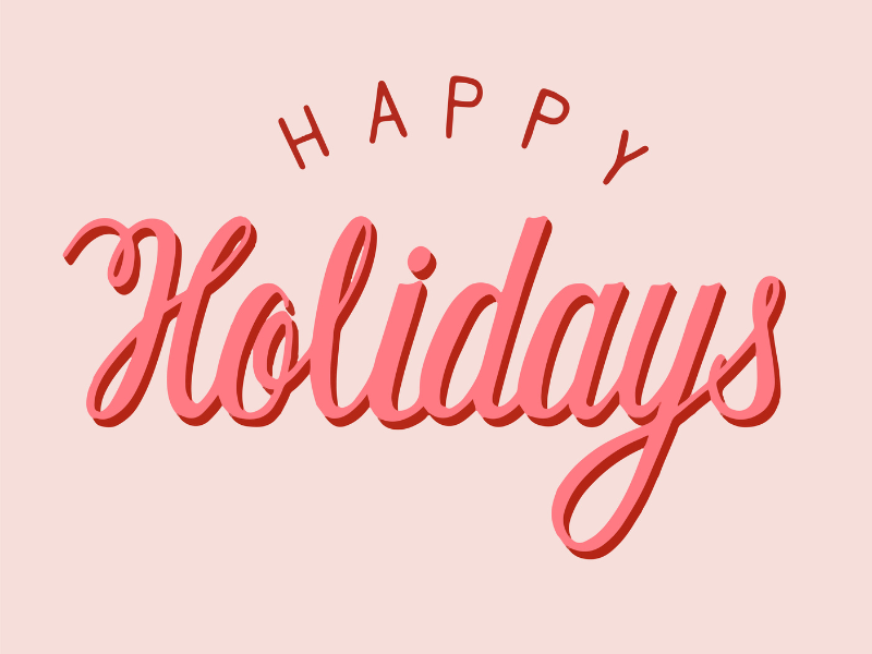 Happy Holidays written in a festive, bold red script on a soft pink background.
