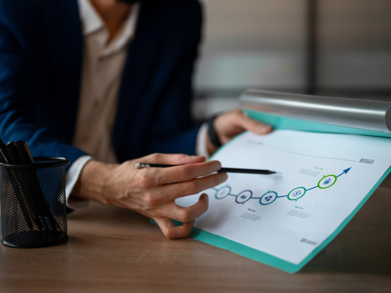 Business professional pointing at a printed continuity plan timeline in an office setting.