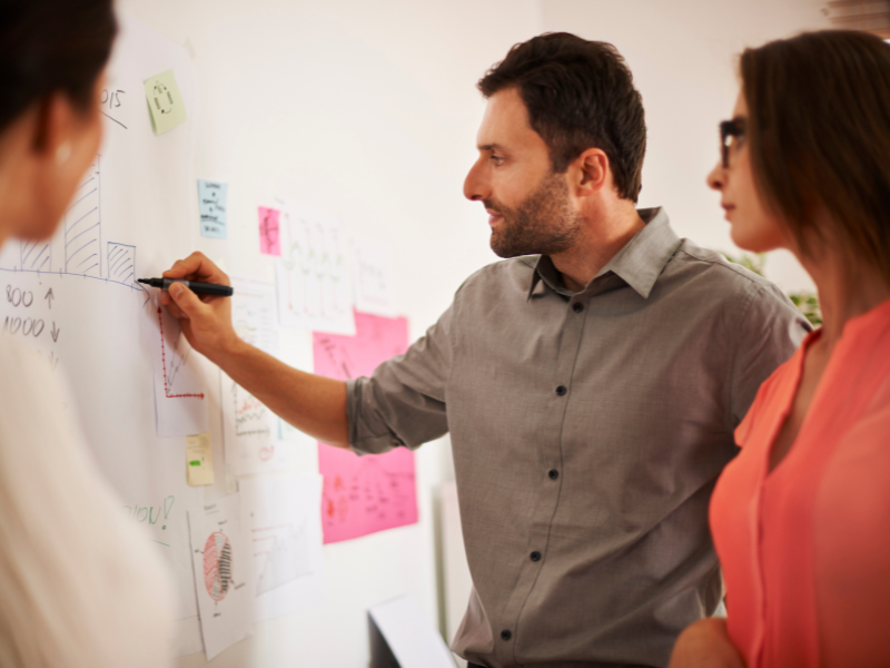 Business consultant leading a strategy session with colleagues, analyzing charts and graphs on a whiteboard.