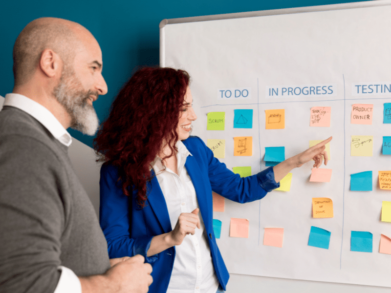 Two business professionals discussing workflow tasks on a board with sticky notes organized under “To Do,” “In Progress,” and “Testing.”