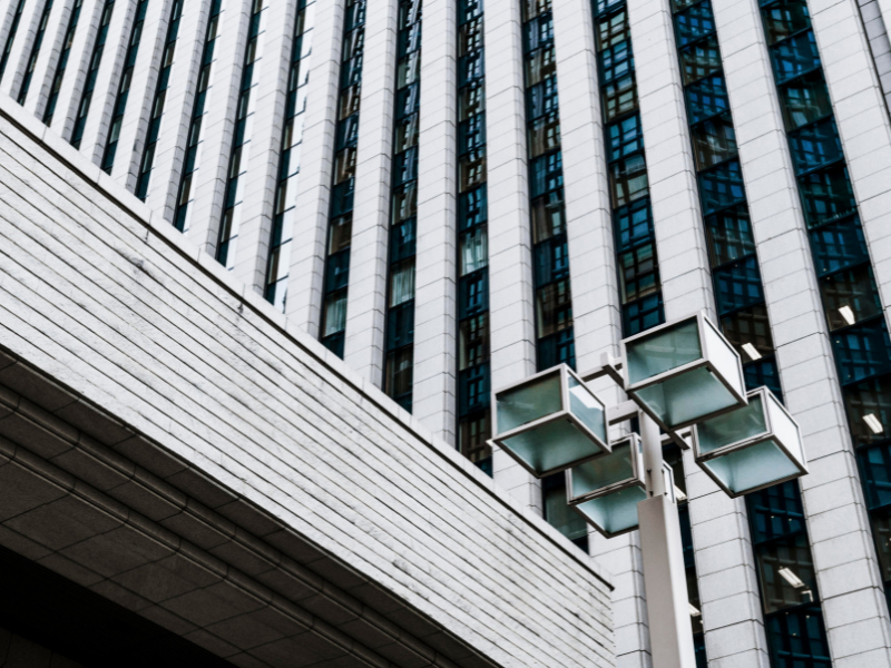 Modern office building exterior symbolizing corporate investment, financial scrutiny, and private equity activity in the print industry.