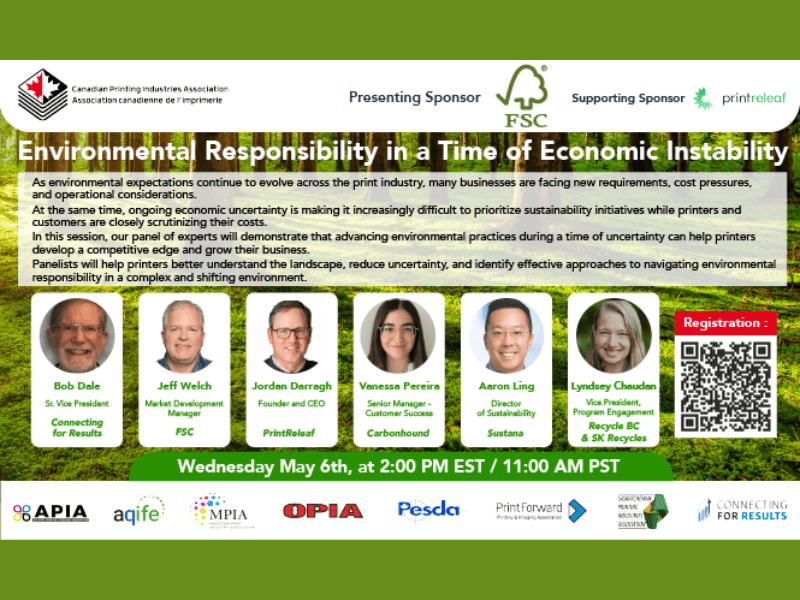 Event banner for 'Environmental Responsibility in a Time of Economic Instability' featuring six panelists, a QR code for registration, and sponsor logos.