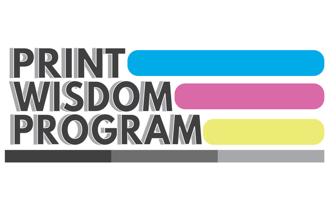 Print Wisdom logo. Bold grey text spelling "Print Wisdom Program" with a cyan, magenta and yellow strip of colour to its right.
