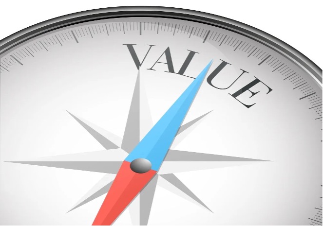An illustration of a compass with value at the top end meaning to "go in the direction of your values"