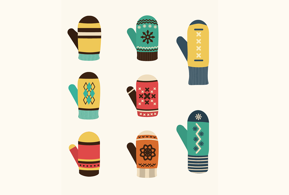 An illustrated assortment of winter mittens, symbolizing team work and community.