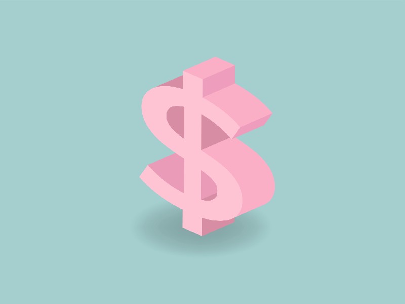 A pink dollar sign against a mint green background.