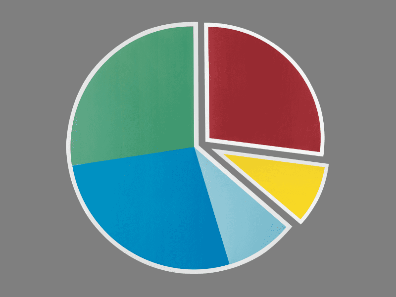 A colorful pie chart representing market segmentation with distinct sections in green, blue, red, and yellow on a gray background.